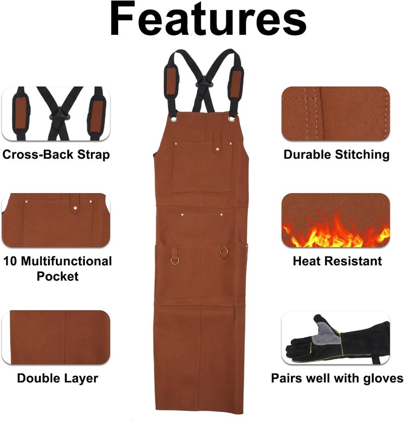 migbloom Store Leather Welding Apron with 10 Tool Pockets, Heat and Flame Resistant Aprons with Welding Gloves, Heavy Duty Durable Working Shop Apron, Waterproof, Adjustable M to XXXL - Image 3
